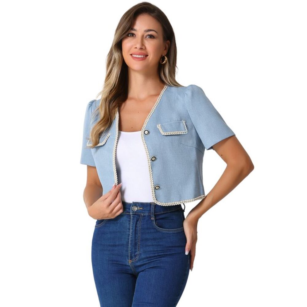 Tweed Blazer Collarless Contrast Trim Short Sleeve Dressy Jacket Light Blue